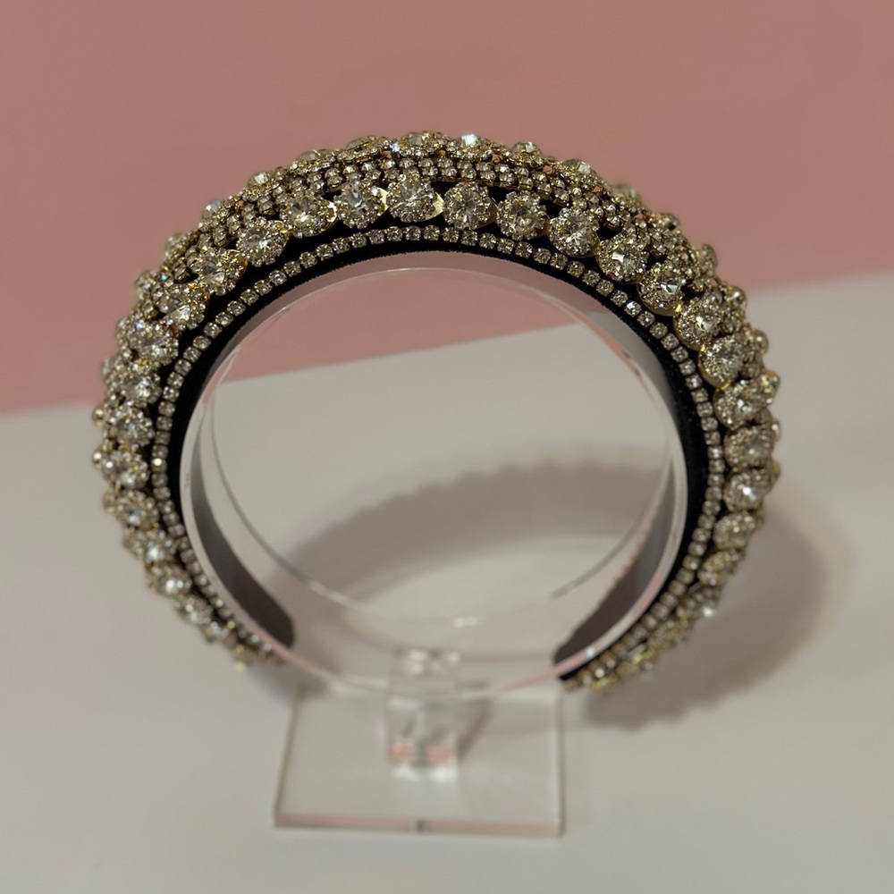 White Rhinestone Black Velvet Headband - Picture 4 of 7